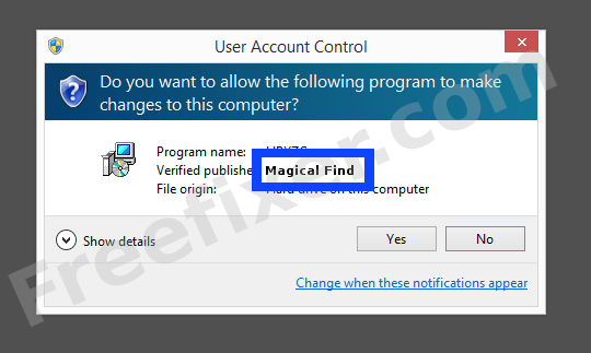Screenshot where Magical Find appears as the verified publisher in the UAC dialog